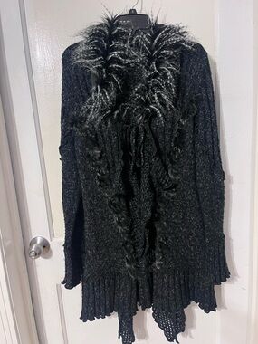 Bacci Black Faux Fur Trim Knit Coat